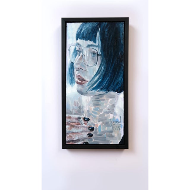 Contemporary Realization by Stefan Smit | Oil on panel Portrait of a woman with blue hair and glasses. For Sale - Image 3 of 4