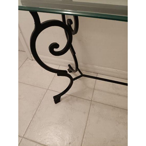 1970s Wrought Iron Black Entry Table Foyer Beveled Glass Top For Sale In Naples, FL - Image 6 of 6