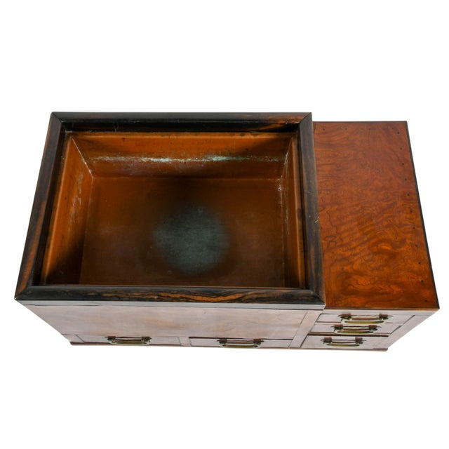 Japanese Japanese Burlwood Hibachi With Drawers and Copper Liner, Meiji-Style For Sale - Image 3 of 9