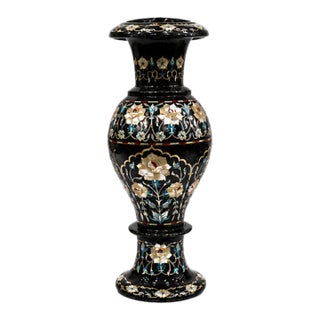 Pietra Dura Floral Art Home Decor | Black Marble Inlay Flower Vase Set 15" Inches For Sale