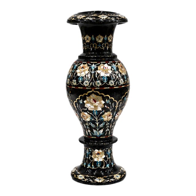 Pietra Dura Floral Art Home Decor | Black Marble Inlay Flower Vase Set 15" Inches For Sale