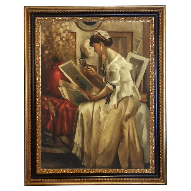 Lady Reading, French School, Oil on Canvas, Framed For Sale - Image 9 of 9