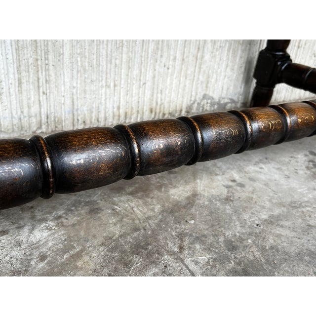 Brown 19th Spanish Side Table With Cared Turned Legs and Wood Stretcher For Sale - Image 8 of 9