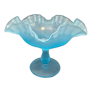 Vintage Westmoreland Glass Pedestal Bowl - Ruffled Crimped Rim - Blue Satin Centerpiece