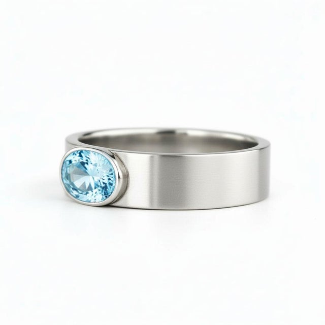 Not Yet Made - Made To Order Bezel Set Oval Topaz Wide Matte Band Silver, Gold, Size 10 For Sale - Image 5 of 5