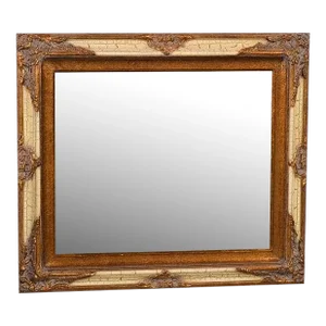 1970s Beveled Mirror With Ornate Gold and Off-White Crackle Finish Frame
