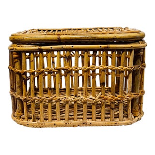 1960s Mid-Century Rattan Bamboo Hinged Basket For Sale
