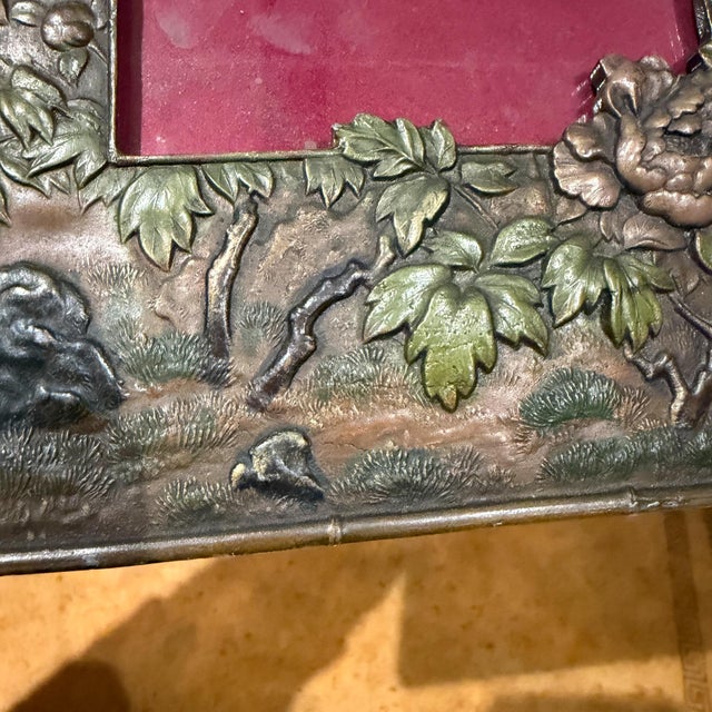 Copper Antique Metal Picture Frame Peacocks and Floral Motifs Japanese Meiji Period For Sale - Image 8 of 11