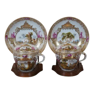 Late 19th Century Antique Meissen German Porcelain Lidded Chocolate Tea Cups & Saucers on Stands- 4 Pieces