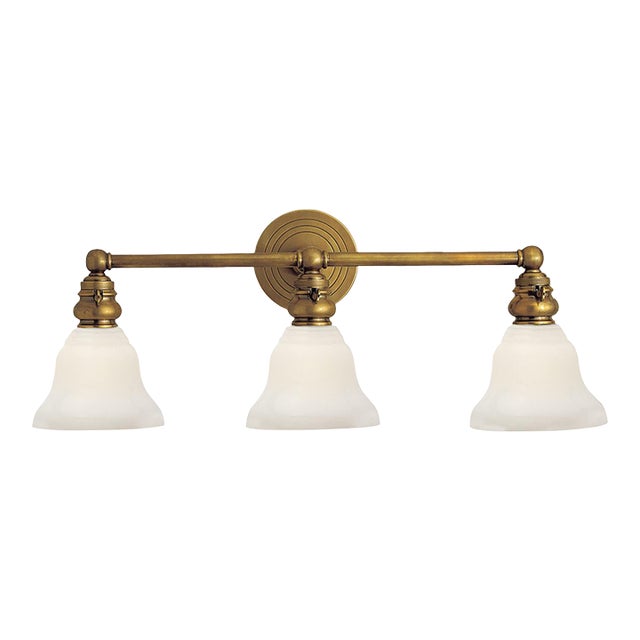Chapman & Myers for Visual Comfort Signature Boston Functional Triple Light in Hand-Rubbed Antique Brass with White Glass For Sale