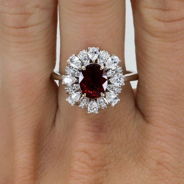 Ruby ring with GRS ceritified 1.48 carat Burma No Heat Vivid Red Ruby and 8 pear shape and 16 round diamonds weighing...