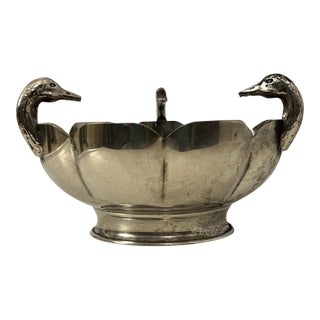 Mid-Century Lambidis Silver-Plated Scalloped Bowl With Swan Heads – Made in Greece For Sale