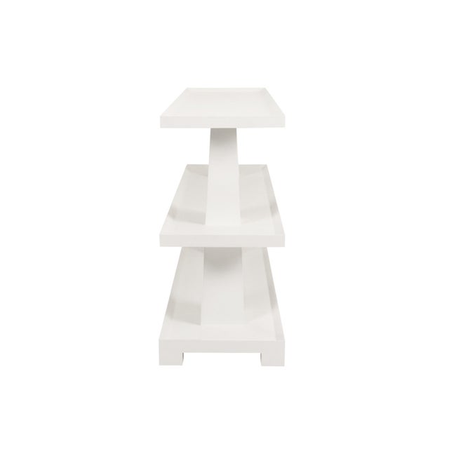 Worlds Away Matthew Izzo Home Lowen Textured White Linen Three Tier Console Table For Sale - Image 4 of 8