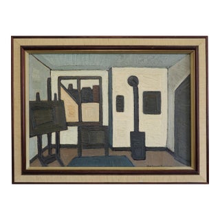 Mid-Century Modern 'The Artist's Room' Interior Scene Oil Painting by Swedish Artist Max Gregor Carlsson (1914-1996), Framed For Sale