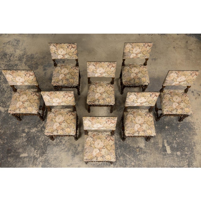 French French Louis XIII Style Oak Barley Twist Dining Chairs W/ Floral Tapestry - Set of 8 For Sale - Image 3 of 18