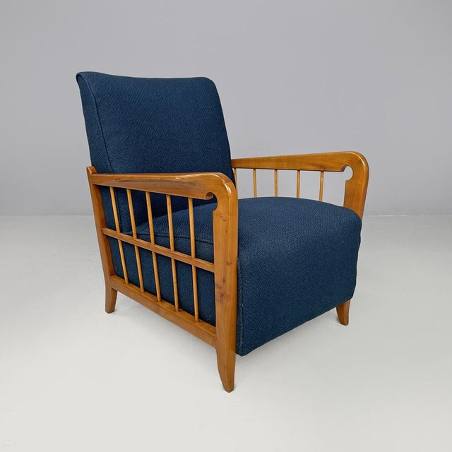 Italian Art Deco wooden armchairs in blue fabric with armrest, 1940s Pair of padded armchairs upholstered in blue fabric....
