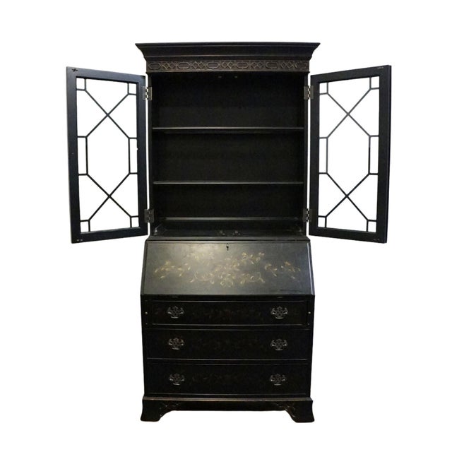 Ethan Allen Ethan Allen Newport Collection Contemporary Asian Inspired Black 41" Secretary Desk W. Bookcase Hutch Top 34-9408 For Sale - Image 4 of 17