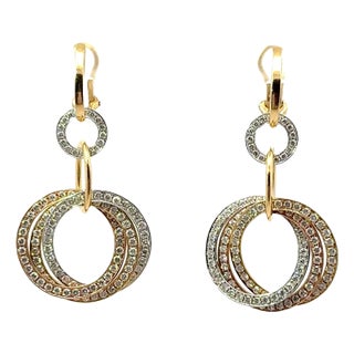 Diamond Interlocking Hoop Drop 18k Tri-Color Gold Earrings - 2 Pieces For Sale