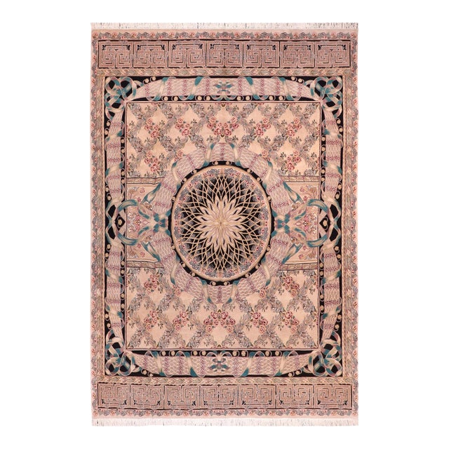 Shabby Chic Medallion 1990's Pak-Persian Tan/Black Wool Rug - 9'2'' X 12'3'' For Sale