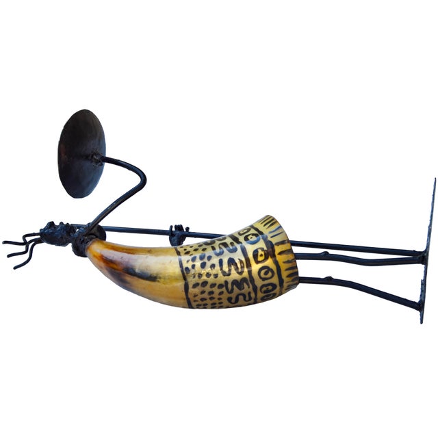 Black Vintage Hand-Crafted West-African Candleholder Figurine W/ Horn Hues For Sale - Image 8 of 8