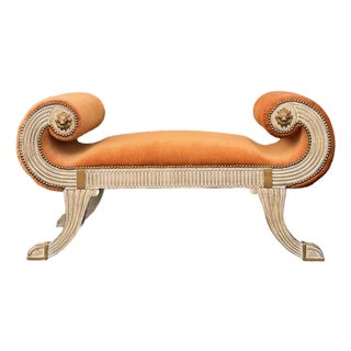 Vintage Neoclassical Orange Velvet Lion Head Banquette With Scrolled Silver-Leaf Arms For Sale