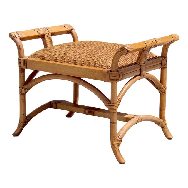 Handwoven Rattan & Bamboo Pagoda-Style Ottoman / Bench – Boho Coastal Charm For Sale