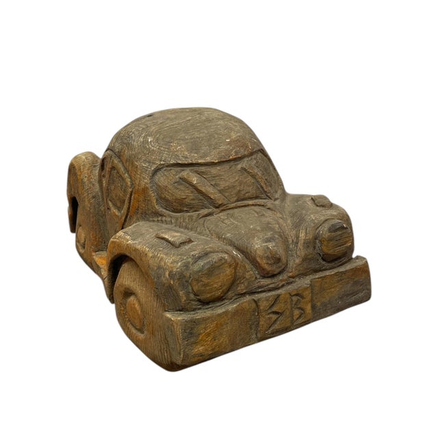 1970s Vintage Hand Carved Wooden Car Sculpture in the Style of a Volkswagen Beetle For Sale - Image 5 of 12