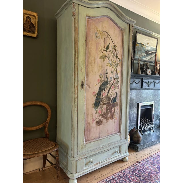 Vintage Painted Pine Linen Press with Inlaid Chinoiserie, 1890s For Sale - Image 3 of 10