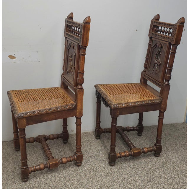 Mid 20th Century Pair Jacobean Style Carved Oak and Caned Seat Side Chairs For Sale - Image 14 of 14