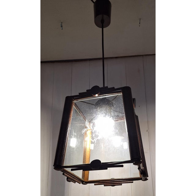 1980s Vintage Handmade Ceiling Lamp with Beechwood Frame and Patterned Glass Panes, 1980s For Sale - Image 5 of 8
