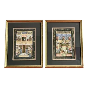 Late 19th Century Indo-Persian Palace Scene Mughal Watercolor Paintings, Framed - a Pair