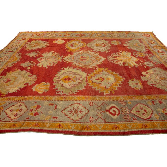 Textile Turkish Oushak Antique Wool Rug Handmade in Red Featuring a Floral Design For Sale - Image 7 of 11