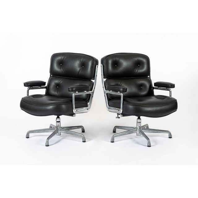 Mid-Century Modern Pair Eames Herman Miller Time Life Black Leather Office Chairs For Sale - Image 3 of 11