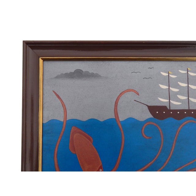 Matt Rix, Naive Style Giant Squid & Sail Ship, Oil on Board, Framed For Sale - Image 4 of 15