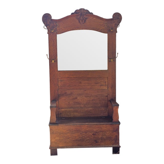 Antique American Quarter Sawn Tiger Oak Hall Tree With Beveled Mirror & Storage Bench For Sale
