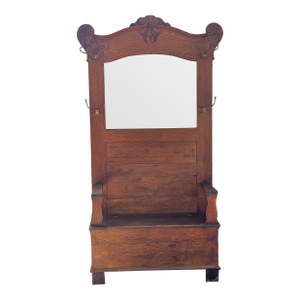 Antique American Quarter Sawn Tiger Oak Hall Tree With Beveled Mirror & Storage Bench