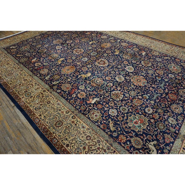 1940s 1940s Mid 20th Century Blue Navy Antique Hunting Handknotted Wool Carpet Rug For Sale - Image 5 of 9