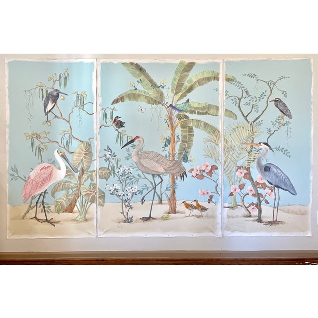 Textile “Marsh Madness” Spoonbill, Heron, Crane Chinoiserie Coastal Painting by Allison Cosmos - Set of 3 For Sale - Image 7 of 9