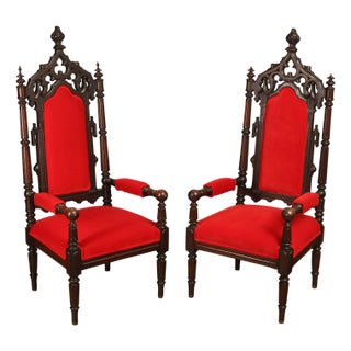 Gothic Revival Walnut Carved Wood Throne Pair Of Armchairs For Sale