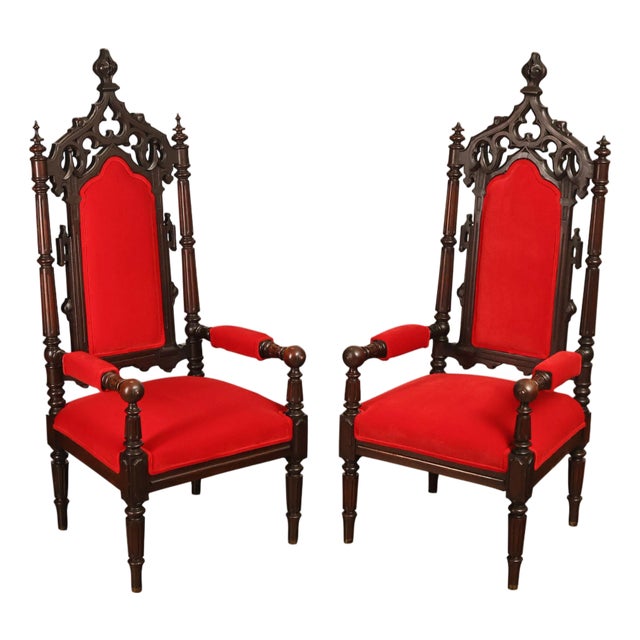 Gothic Revival Walnut Carved Wood Throne Pair Of Armchairs For Sale