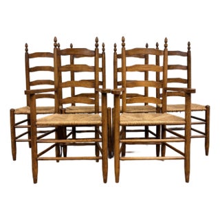 Vintage French Country Style Ladderback Rush Seat Dining Chairs - Full Set of 6 For Sale