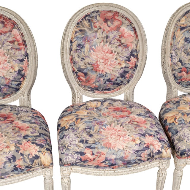 1980s French Style Shabby Chic Dining Chairs Floral Upholstery Distressed Crackle Finish - Set of 4 For Sale - Image 10 of 18