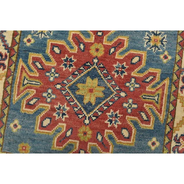 Kazak Runner 2’9” X 6’10” Blue Wool Tribal Hand-Knotted Oriental Rug For Sale - Image 4 of 12