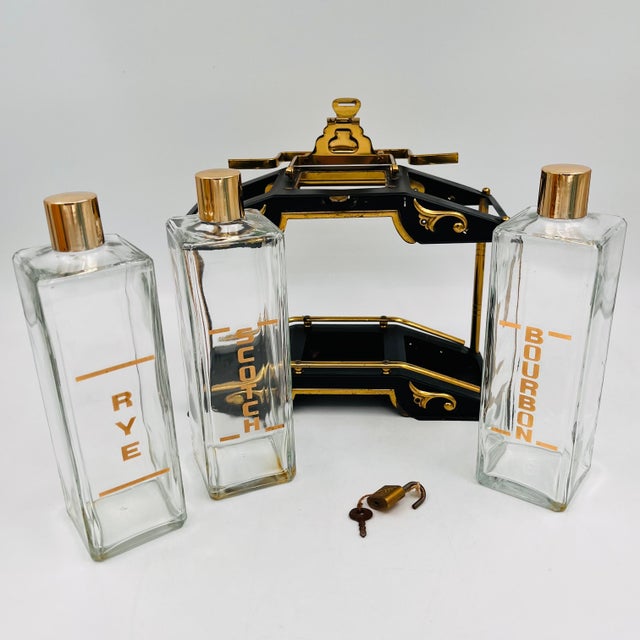 Mid-Century Modern Mid 20th Century Mid-Century Modern Black and Gold Tantalus Decanter Set, Liquor Caddy, Portable Bar For Sale - Image 3 of 18