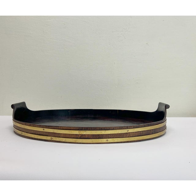 19th Century Oval Dark Walnut Tray with Brass Straps For Sale - Image 12 of 13