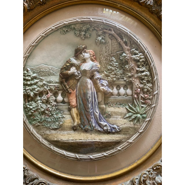 Vintage 19 century or earlier Antique large European Gold frame pottery 3D , round , wall hanging, decorative plaque, ,...