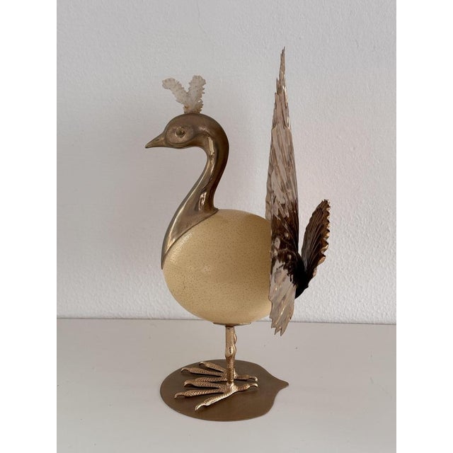 Hollywood Regency Vintage Italian Brass and Ostrich Egg Bird Sculpture by Antonio Pavia, 1970s For Sale - Image 3 of 12