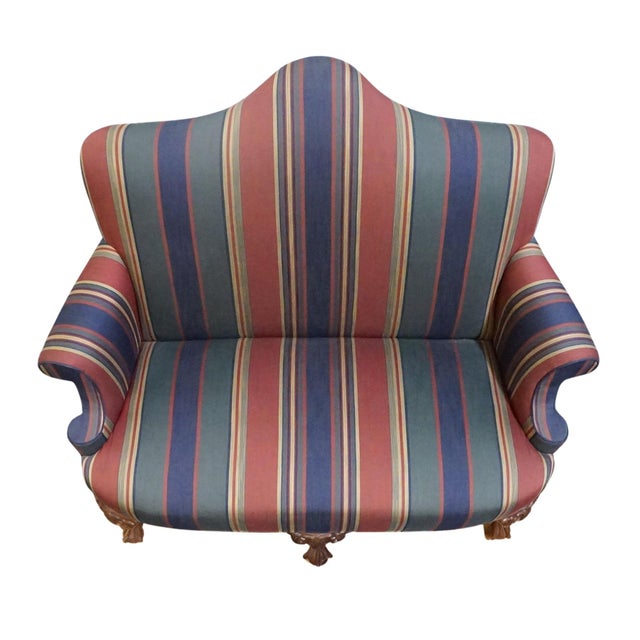 Brown High End Vintage Solid Mahogany Traditional Style 54" High Camelback Loveseat Settee W. Striped Upholstery For Sale - Image 8 of 9