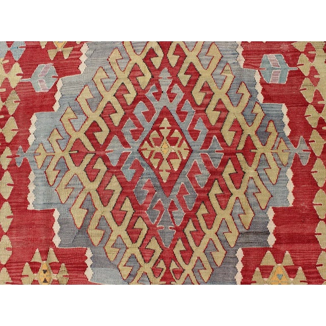 Red Vintage Turkish Kilim Flat-Weave Rug With Geometric Design in Red, Yellow, Green For Sale - Image 8 of 12