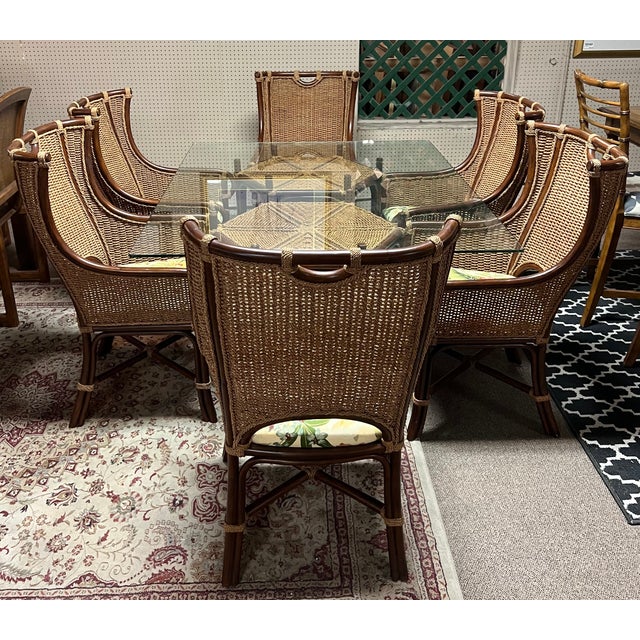 Brown Rattan Dining Room Table 6 Arm Wing Back Dining Chairs - Set of 9 For Sale - Image 8 of 12